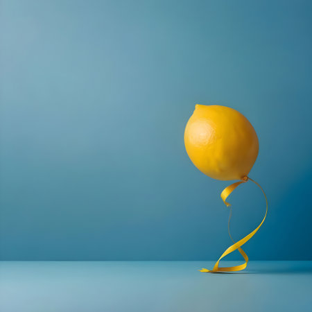 Lemon with a yellow ribbon on a blue background. 3d renderingの素材