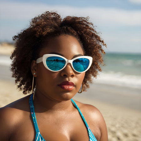 Close up portrait of beautiful young african american woman wearing sunglasses on the beachの素材