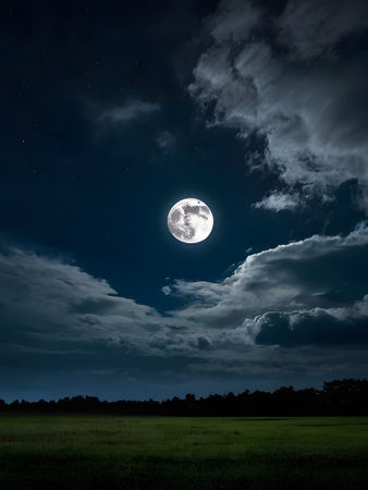Full moon in the night sky over the rice field in Thailand.の素材