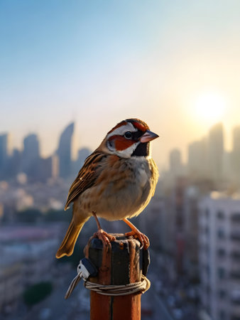Sparrow perched on a post with the city in the backgroundの素材