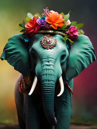 Elephant head decorated with colorful flowers and leaves. Indian elephant.の素材