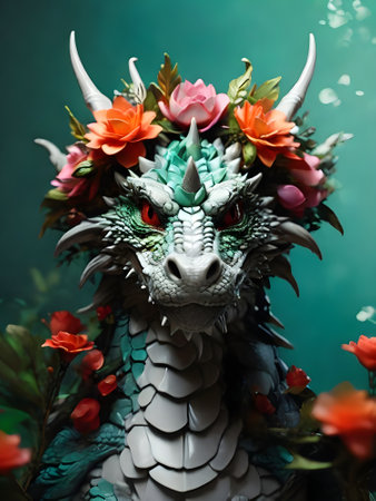 Dragon head made of plasticine and artificial flowers on green background.の素材