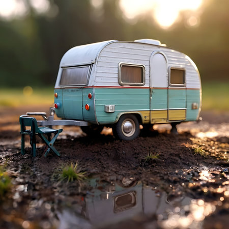 Caravan on a wet road in the countryside. Selective focus.の素材