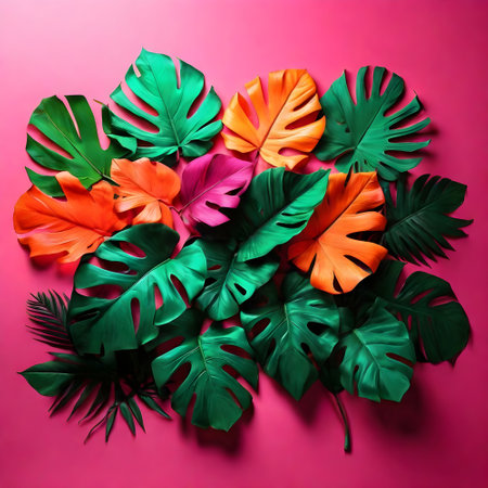 Creative layout made of tropical leaves on color background, top viewの素材