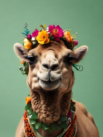Portrait of a camel wearing a wreath of flowers on a green backgroundの素材