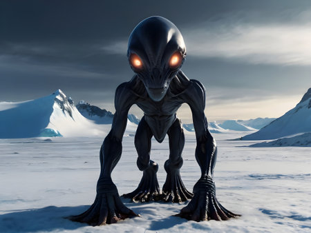 alien on the ice with mountains in the background,3d renderの素材
