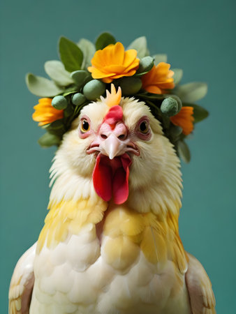 White chicken with flower wreath on head isolated on green background.の素材