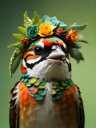 close-up portrait of a colorful bird wearing a wreath of flowersの素材