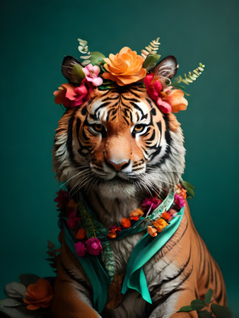 Portrait of a tiger in a wreath of flowers on a green backgroundの素材
