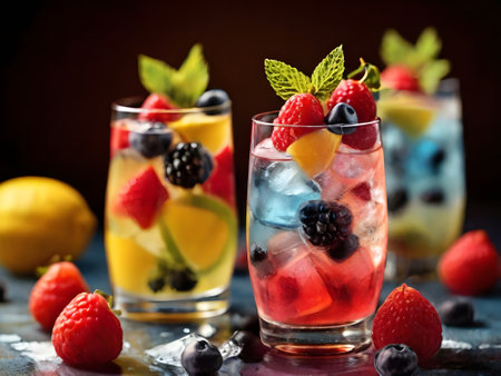 Refreshing summer lemonade with berries and mint on a dark backgroundの素材