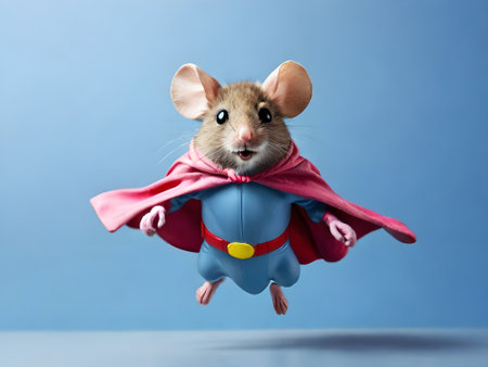 Cute little mouse dressed like superhero with cape and cloak on blue backgroundの素材