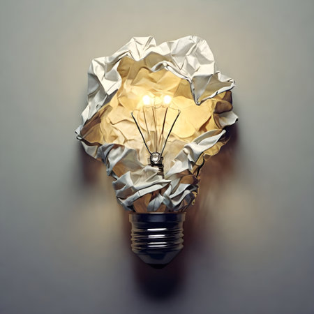 Incandescent light bulb with crumpled paper on grey backgroundの素材