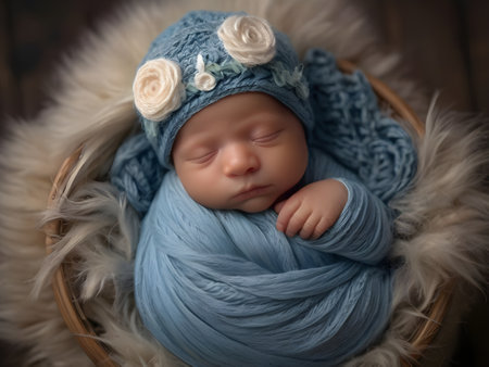 Newborn baby boy in a blue knitted hat and scarf.の素材