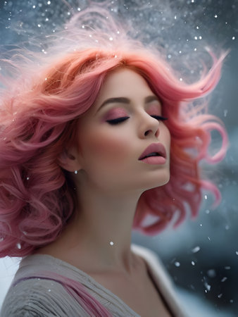 beautiful young woman with pink hair in the snow. Snowfallの素材