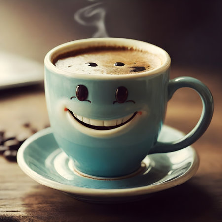 Coffee cup with smiley face on coffee beans background.の素材