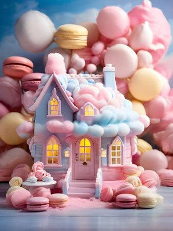 Cake house with candy, macaroons and marshmallowsの素材