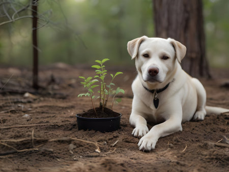 Labrador retriever dog sitting on the ground with seedling.の素材