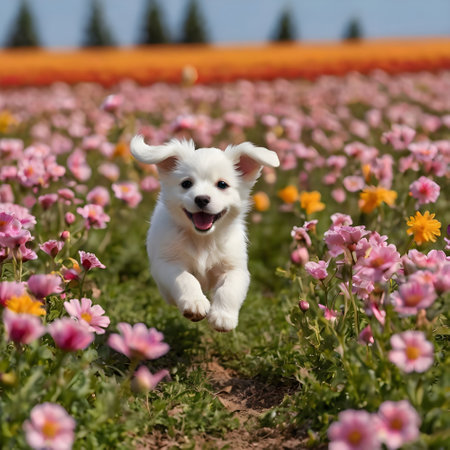 Cute puppy running in the field of blooming chrysanthemumsの素材