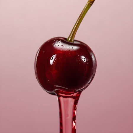Cherry on a spoon with water drops on a pink background.の素材