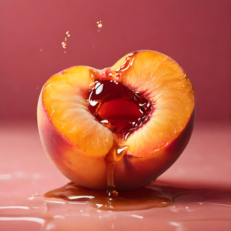 Peach fruit splashing into water on pink background, closeupの素材