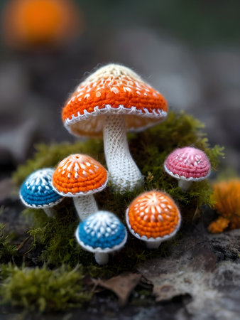 Colorful handmade knitted toy mushrooms on moss in the forest.の素材