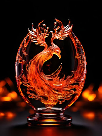 A glass vase with a golden dragon on a black background.の素材