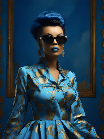 Fashion shot of a beautiful woman with blue hair and sunglasses.の素材