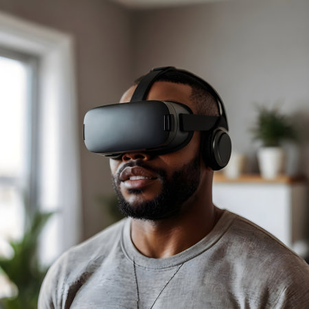 african american man using virtual reality headset at home or officeの素材