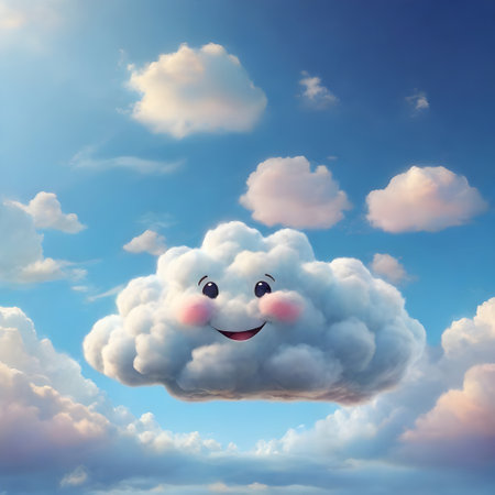 Smiling cloud with eyes and mouth on blue sky background. Vector illustration.の素材