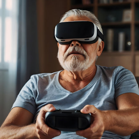 Portrait of senior man using virtual reality headset while sitting at homeの素材