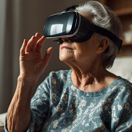 Elderly woman wearing virtual reality goggles at home. Concept of technology and entertainment.の素材