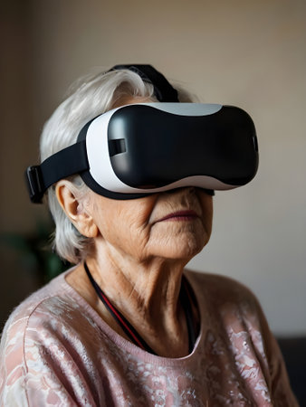 Elderly woman wearing virtual reality goggles in the living room.の素材