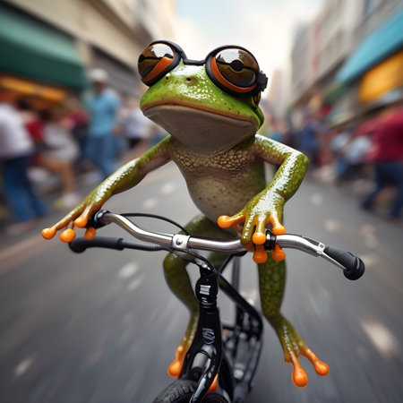Frog with sunglasses riding bicycle in the city. 3d renderingの素材