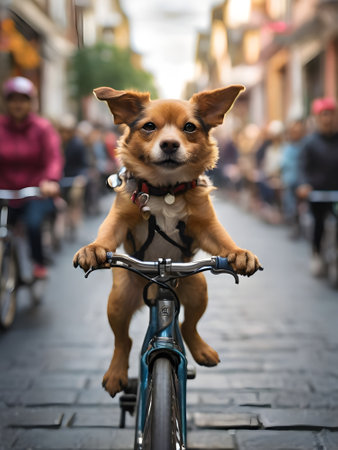Cute chihuahua dog on bicycle in the city.の素材
