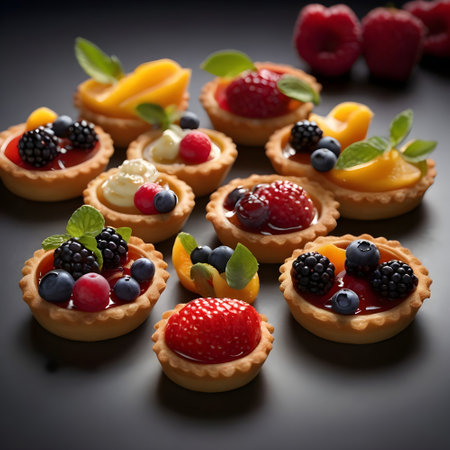 Delicious tartlets with berries and whipped cream on a black backgroundの素材