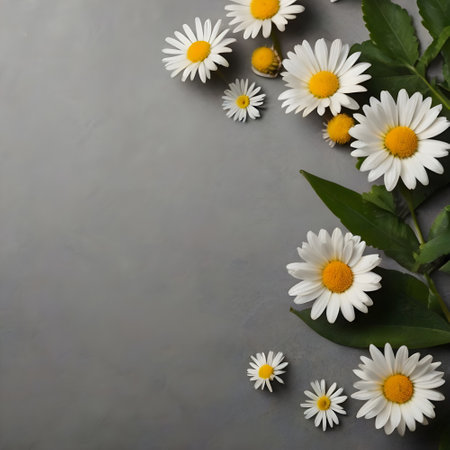 Beautiful daisies on grey background, top view. Space for textの素材