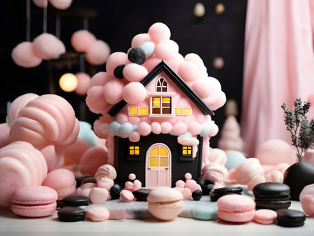 Beautiful gingerbread house and sweets on white table, closeupの素材