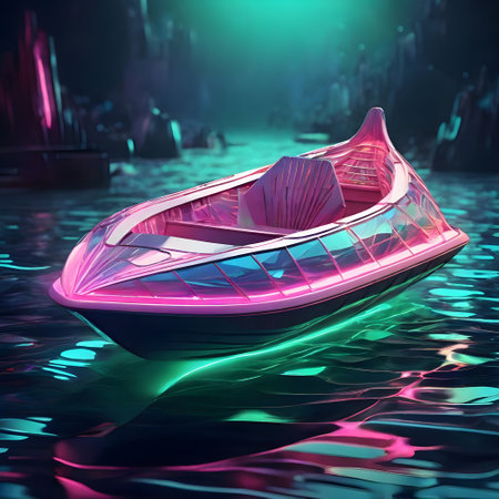 Futuristic boat on the water. 3D rendering. Neon light.の素材