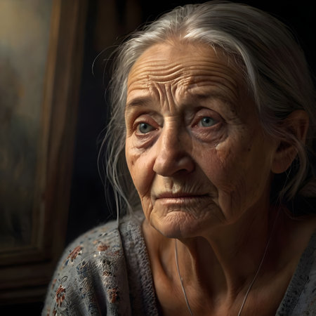 Portrait of a sad elderly woman on a dark background. Toned.の素材