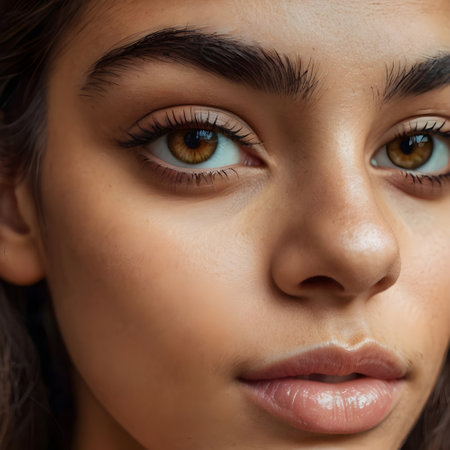 Close up portrait of a beautiful young woman with blue eyes looking at cameraの素材