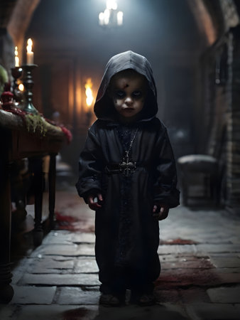 Little boy dressed as a dracula with a cross in his handsの素材