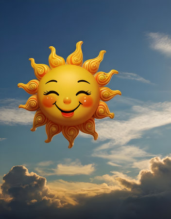 smiling sun on blue sky with clouds. 3d illustration.の素材