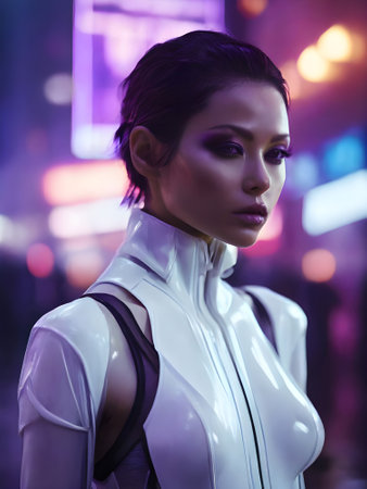 beautiful asian woman in futuristic costume posing in the night clubの素材