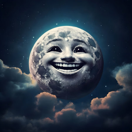 Smiling face of happy boy on the background of the moon.の素材