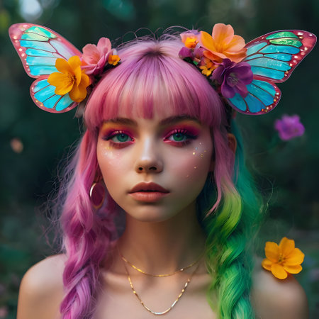 Beautiful girl with bright make-up and pink hair with butterflyの素材