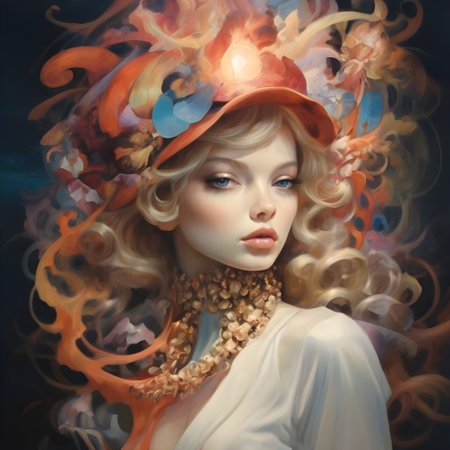 Portrait of a beautiful blonde girl with a wreath of flowers on her head.の素材