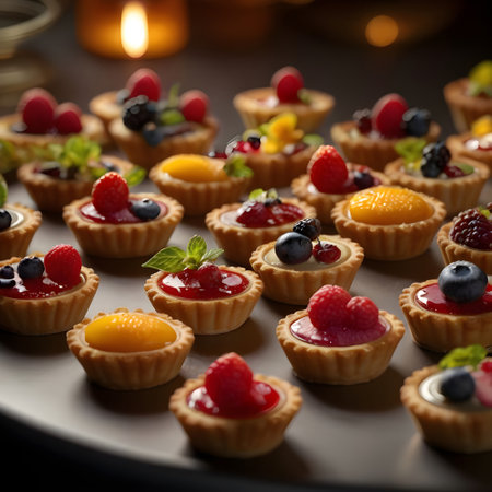 Delicious tartlets with berries on a black background. Selective focus.の素材