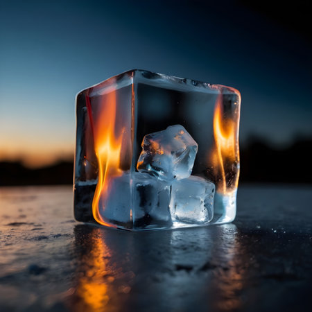 Ice cube with fire on a black background. Selective focus.の素材