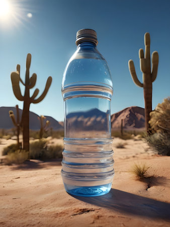 Bottle of water in the desert. Conceptual image. 3d renderingの素材