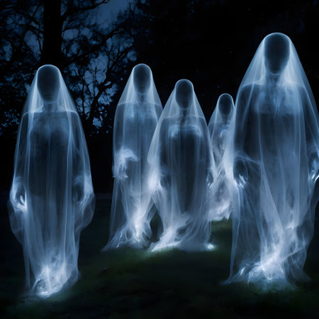 Ghosts in the dark forest. Halloween background. 3D renderingの素材